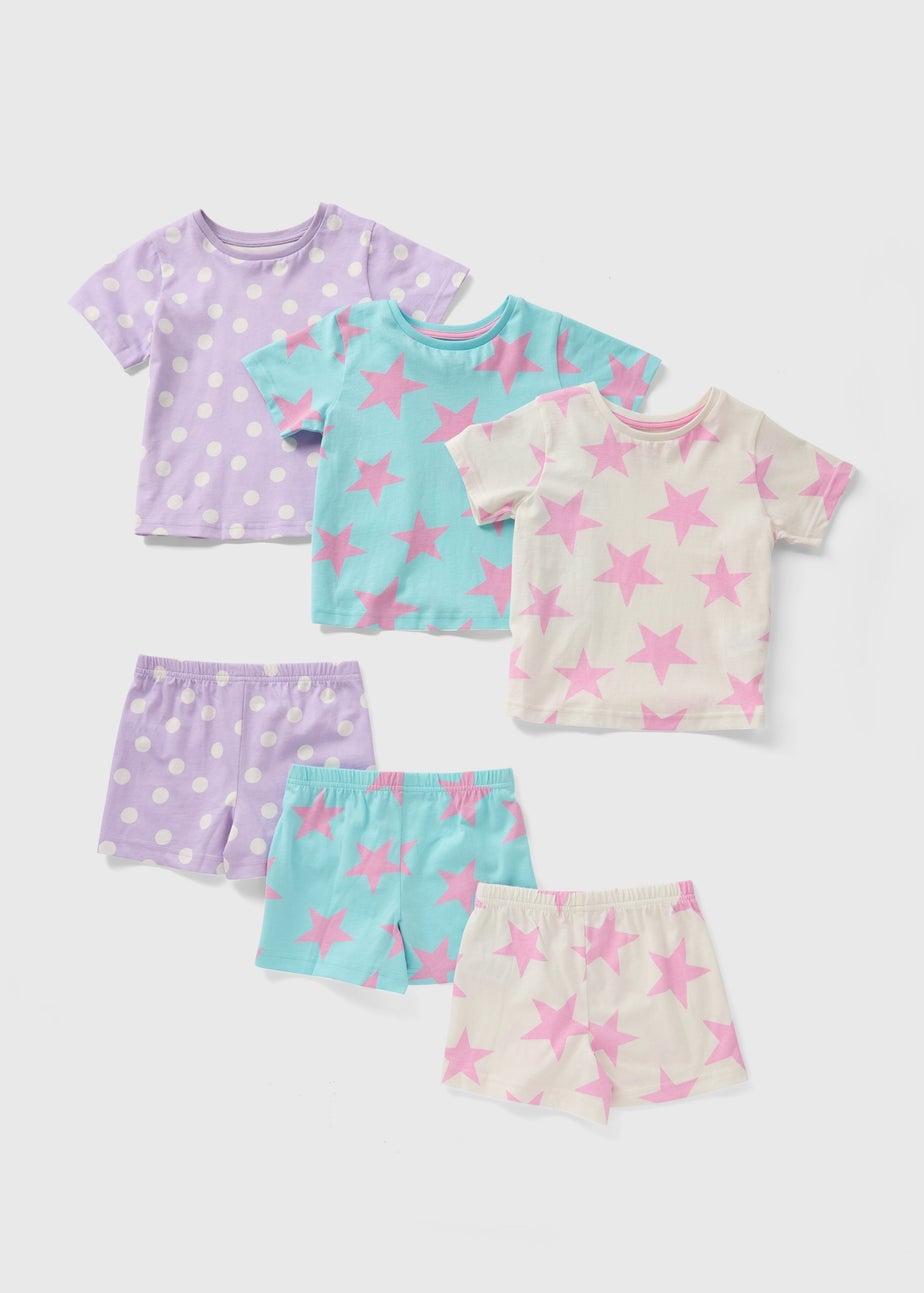 3 Pack Girls Pink Star Top & Shorts Pyjama Set (1-7yrs)