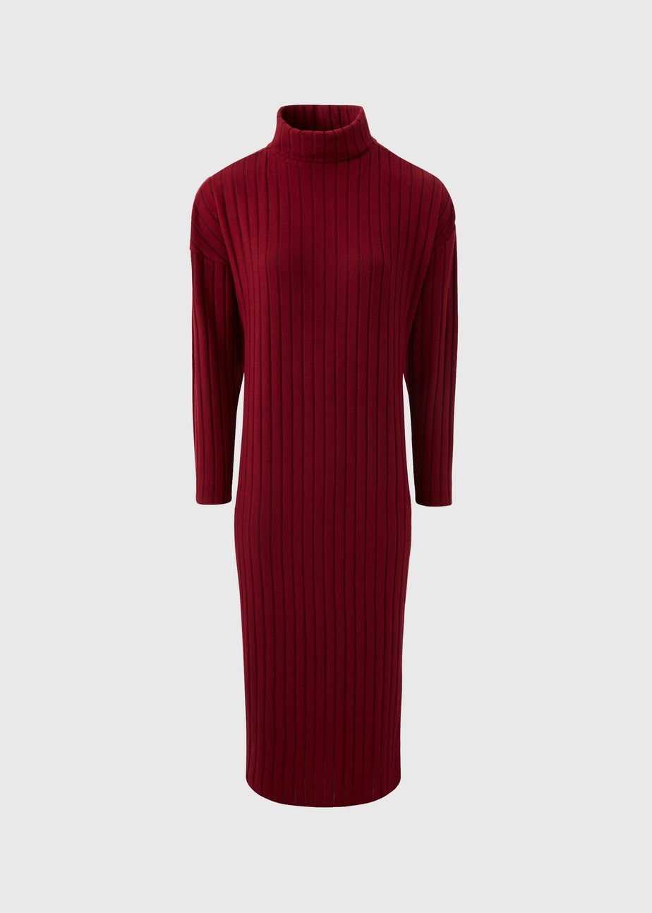 Burgundy Ribbed Roll Neck Midi Dress