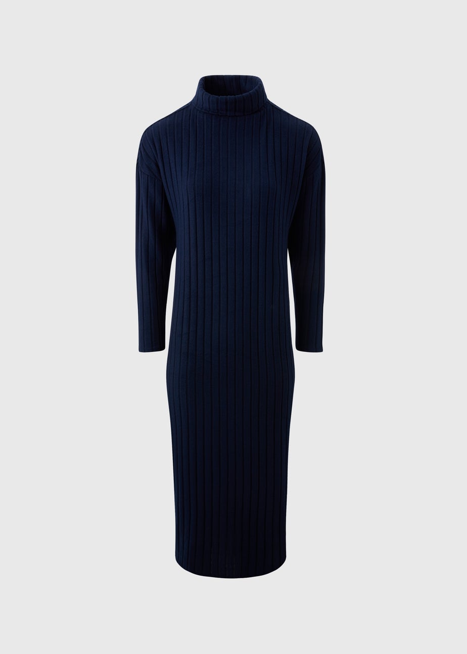 Navy Ribbed Roll Neck Midi Dress