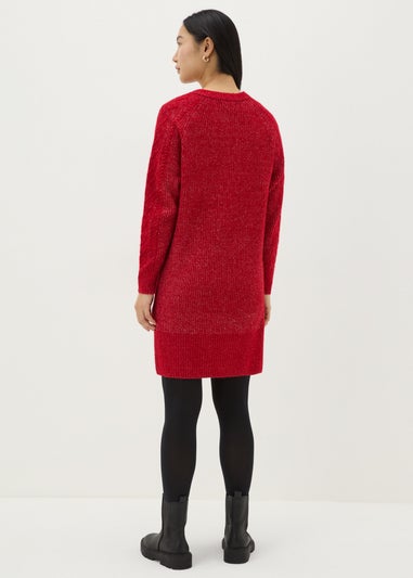 Red Cable Knit V Neck Mini Dress