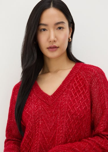 Red Cable Knit V Neck Mini Dress