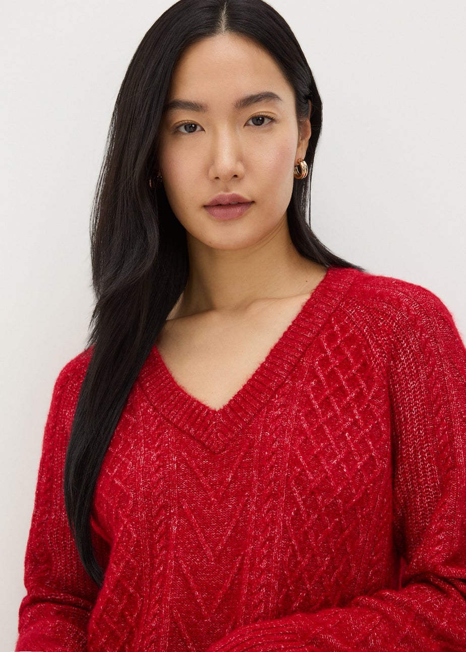 Red Cable Knit V Neck Mini Dress