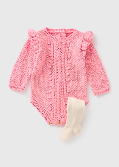 Baby Pink Cable Knit Romper with Tights (Newborn-23mths)