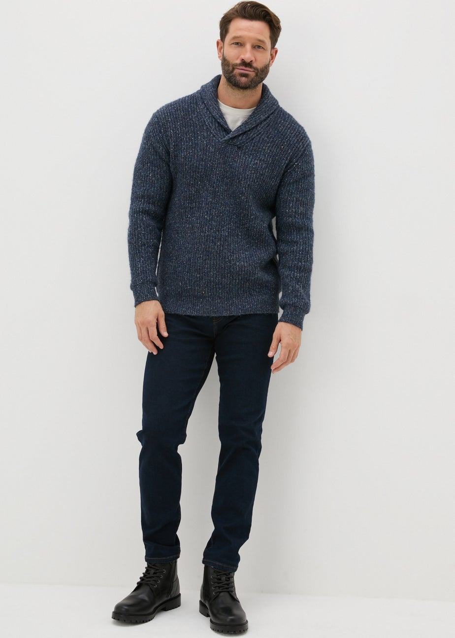 Blue Knitted Shawl Neck Jumper