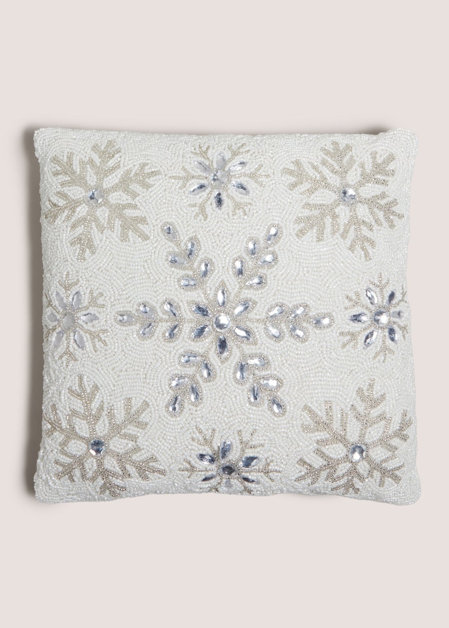 Wondrous White Beaded Snowflake Cushion