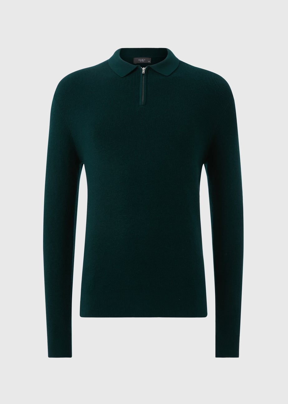 Green Ribbed Long Sleeve Polo Shirt