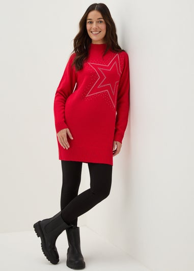 Red Star Embellished Knitted Longline Jumper