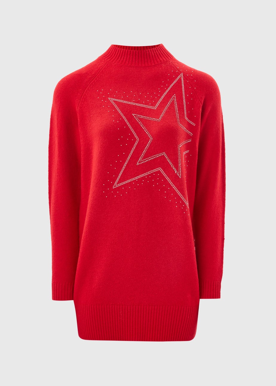 Red Star Embellished Knitted Longline Jumper