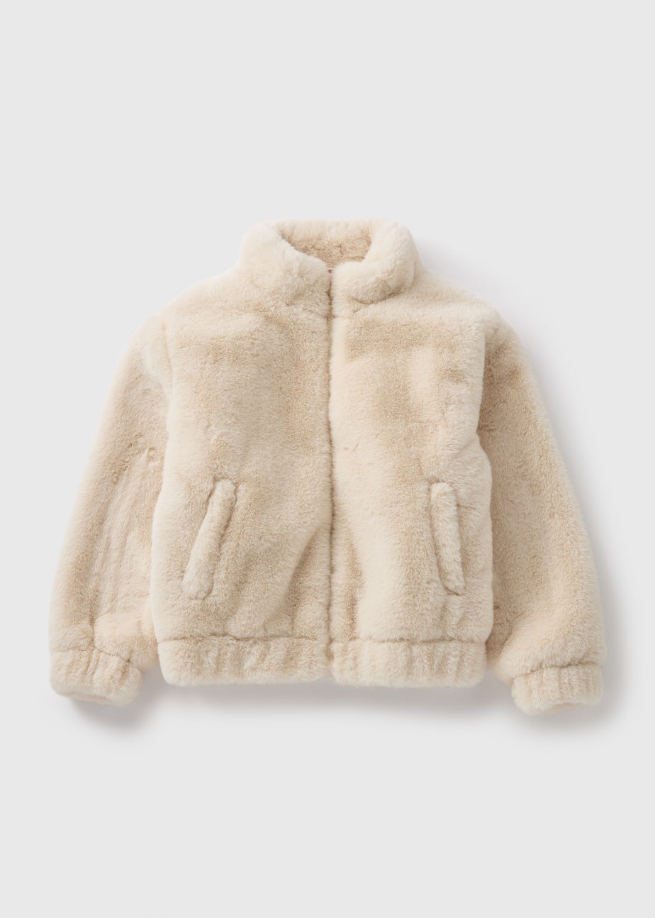 Girls Cream Faux Fur Bomber Jacket (7-15yrs)