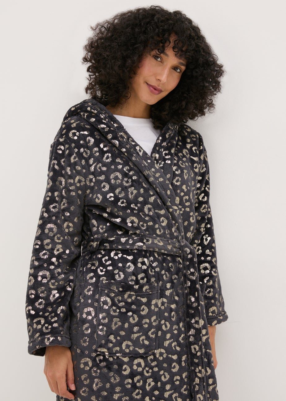 Charcoal Foil Animal Print Fleece Dressing Gown