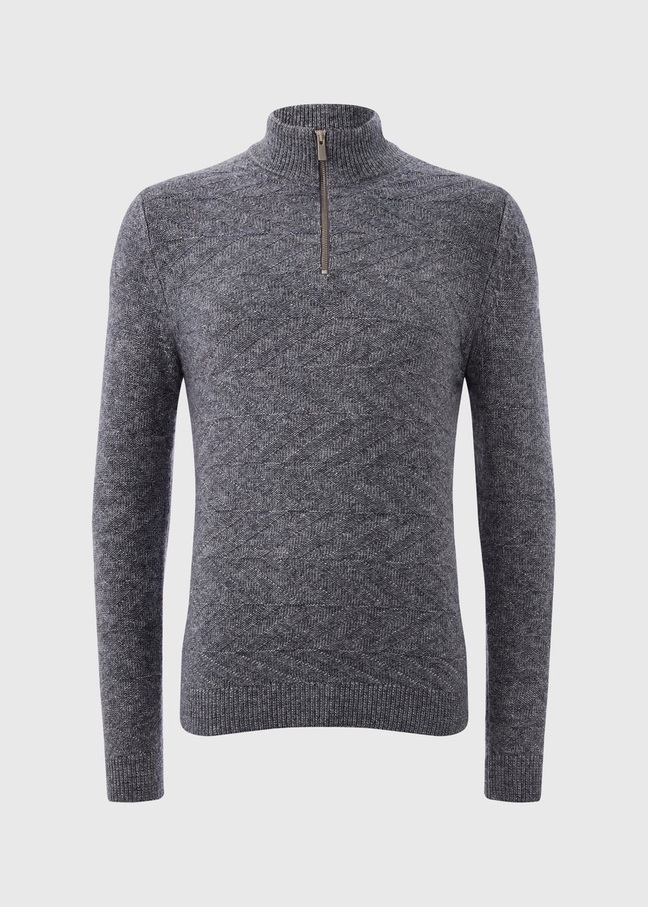 Blue Knitted 1/4 Zip High Neck Jumper