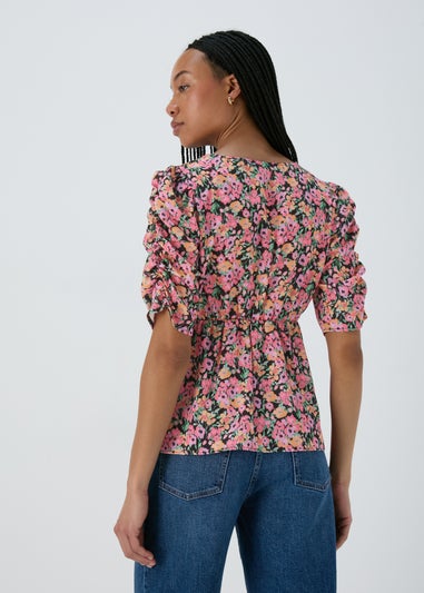 Pink Ruched Front Woven Blouse