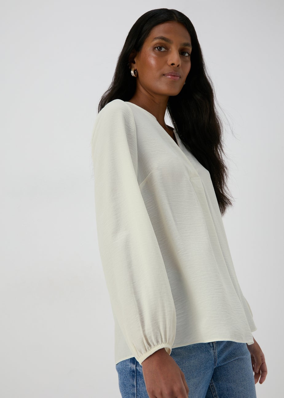 Cream Textured V-Neck Blouse