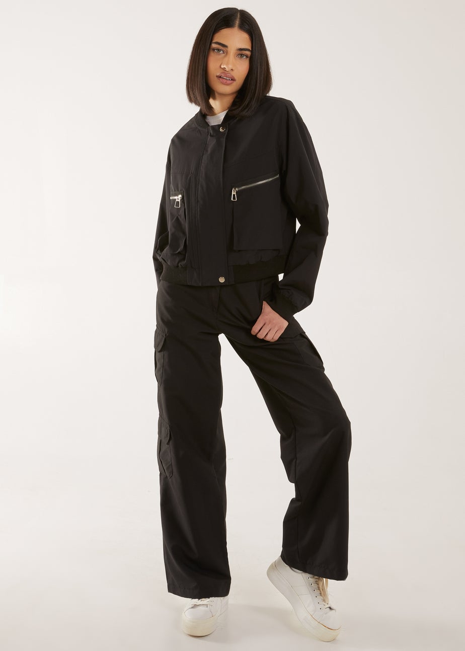 Pink Vanilla Black Double Pocket Classic Bomber Jacket