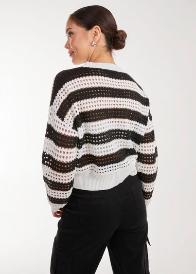 Pink Vanilla Black Striped Crochet Long Sleeve Top