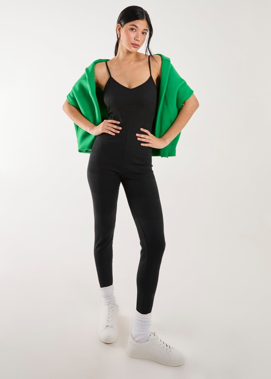 Pink Vanilla Black Ribbed Bodycon Unitard All in One