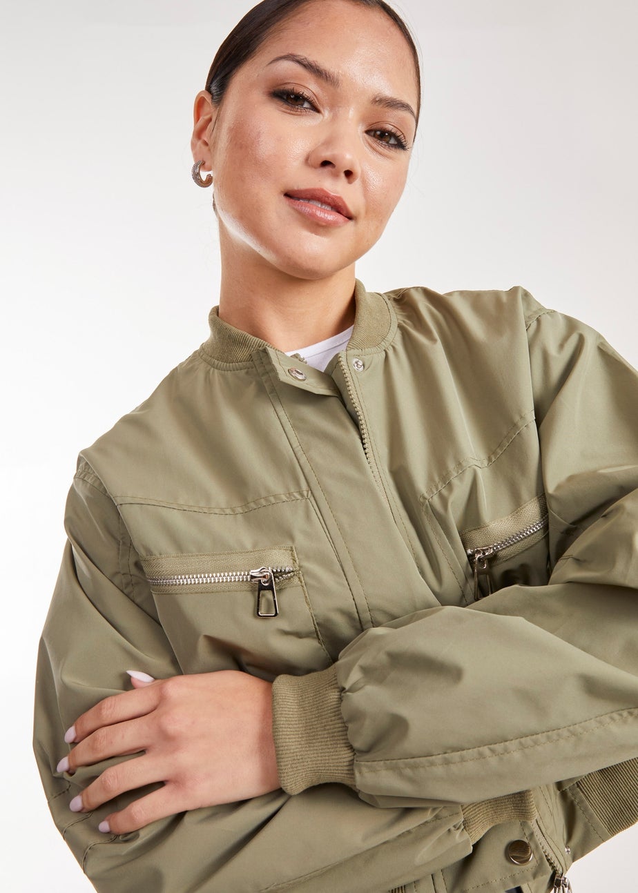 Pink Vanilla Khaki Double Pocket Classic Bomber Jacket