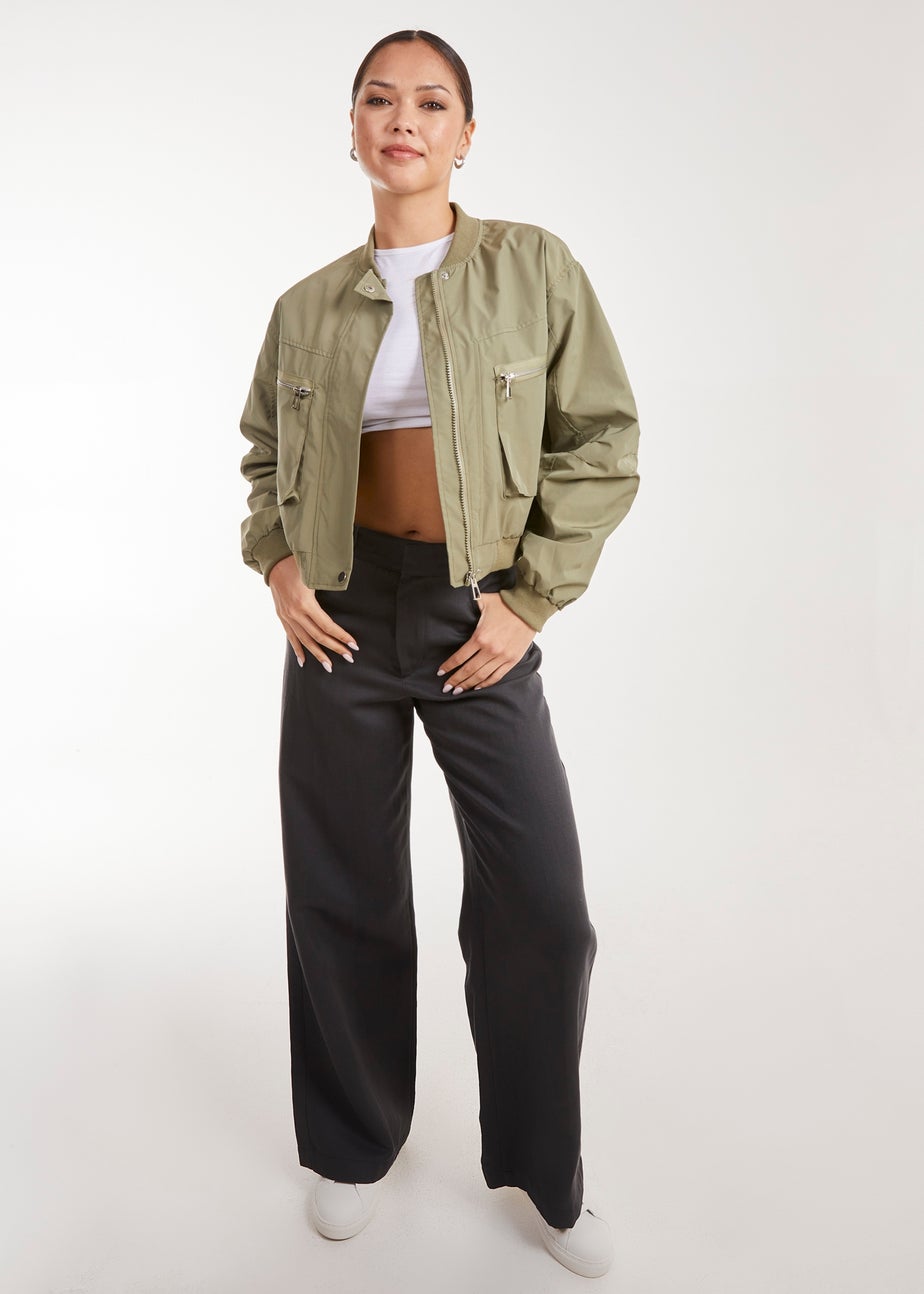 Pink Vanilla Khaki Double Pocket Classic Bomber Jacket