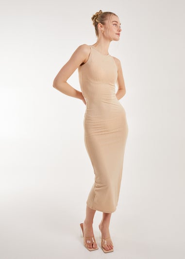 Pink Vanilla Stone Ribbed Maxi Dress With Cutout Back and Split