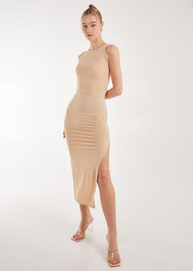 Pink Vanilla Stone Ribbed Maxi Dress With Cutout Back and Split