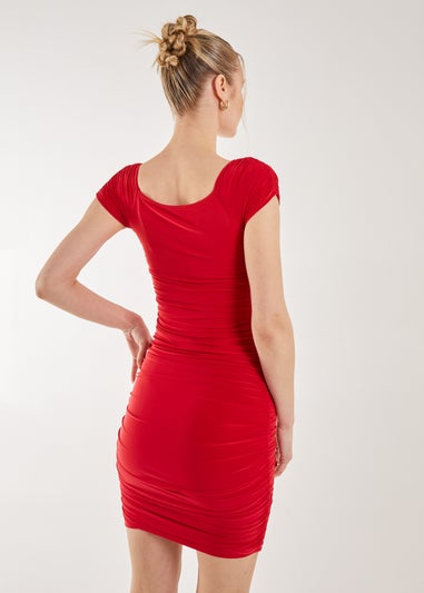 Pink Vanilla Red Ruched Bardot Mini Dress