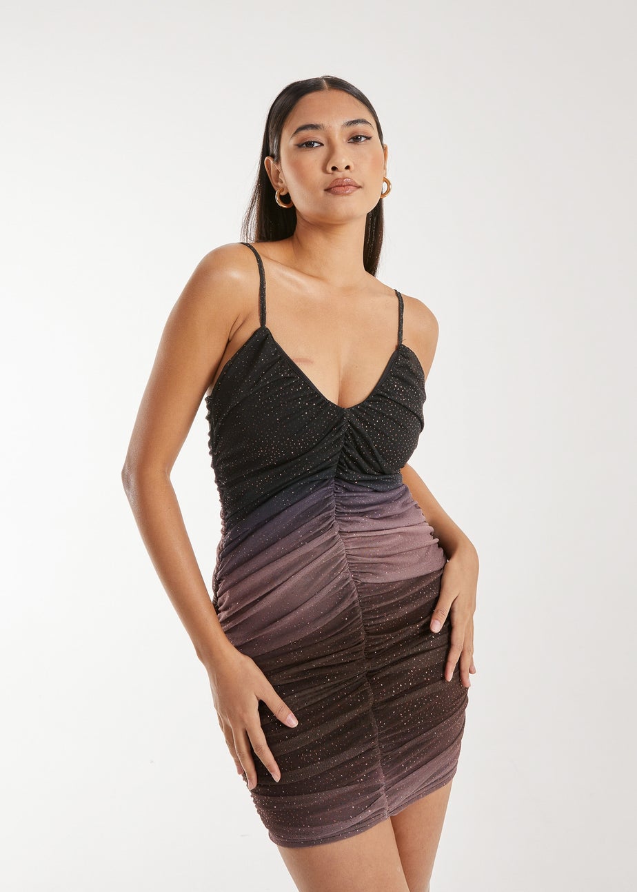 Pink Vanilla Brown Strappy Ruched Sparkle Ombre Mini Dress