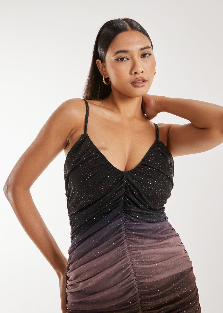 Pink Vanilla Brown Strappy Ruched Sparkle Ombre Mini Dress