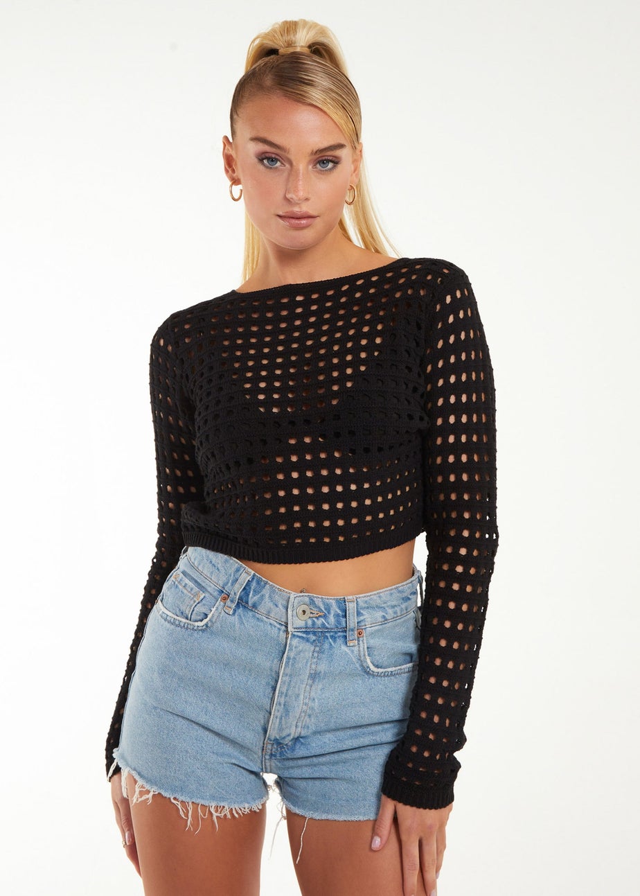 Pink Vanilla Black Long Sleeve Crochet Top