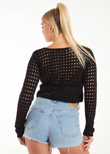 Pink Vanilla Black Long Sleeve Crochet Top
