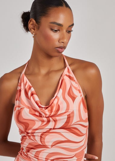 Pink Vanilla Orange Swirl Print Cowl Neck Mini Dress