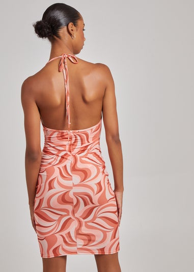 Pink Vanilla Orange Swirl Print Cowl Neck Mini Dress