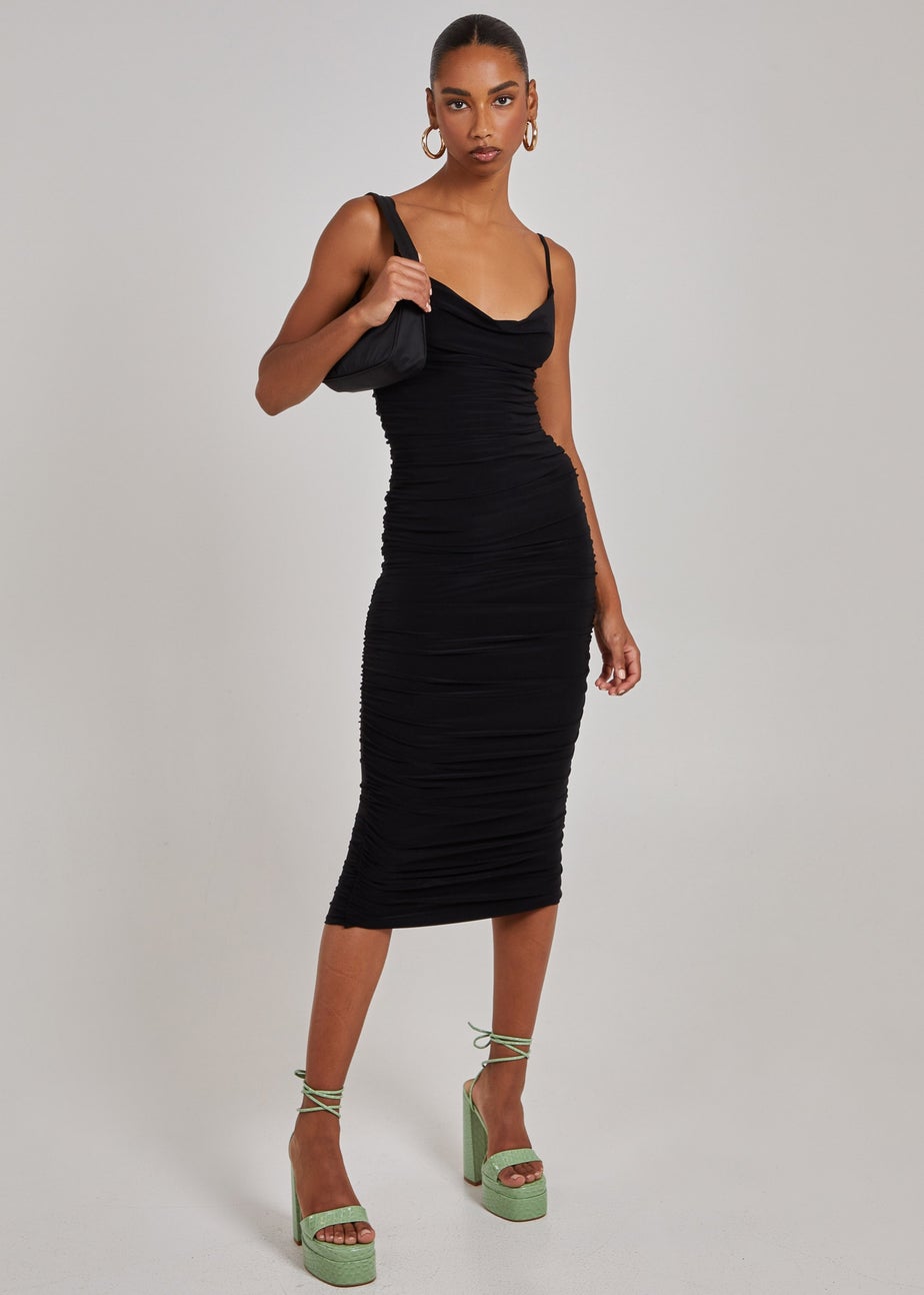 Pink Vanilla Black Cowl Neck Gathered Midi Dress