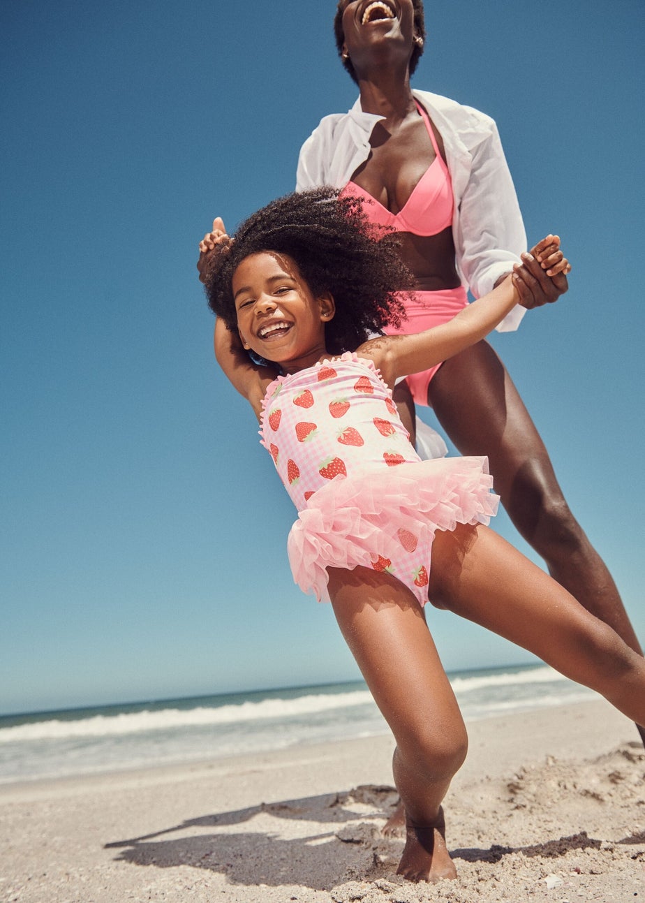 Girls Pink Gingham Strawberry Tutu Swimsuit (1-7yrs)
