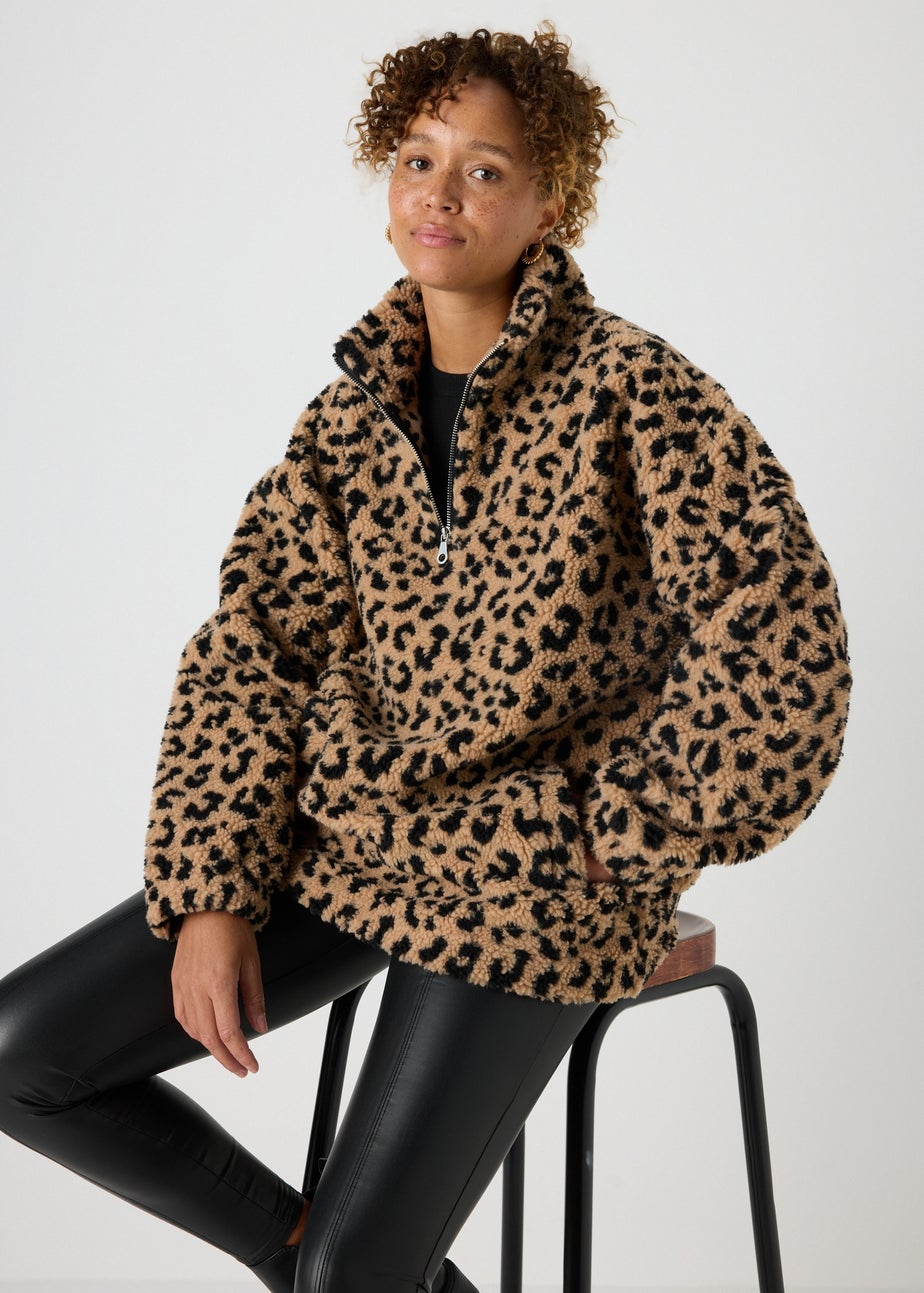 Brown Leopard Borg Half Zip Jumper