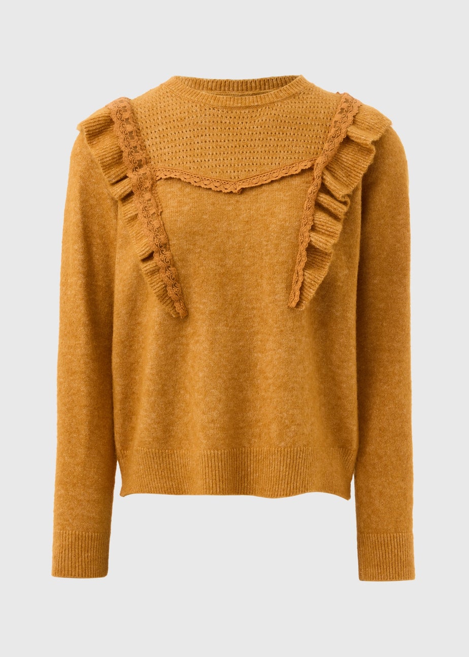 Orange Pointelle Frill Knitted Jumper