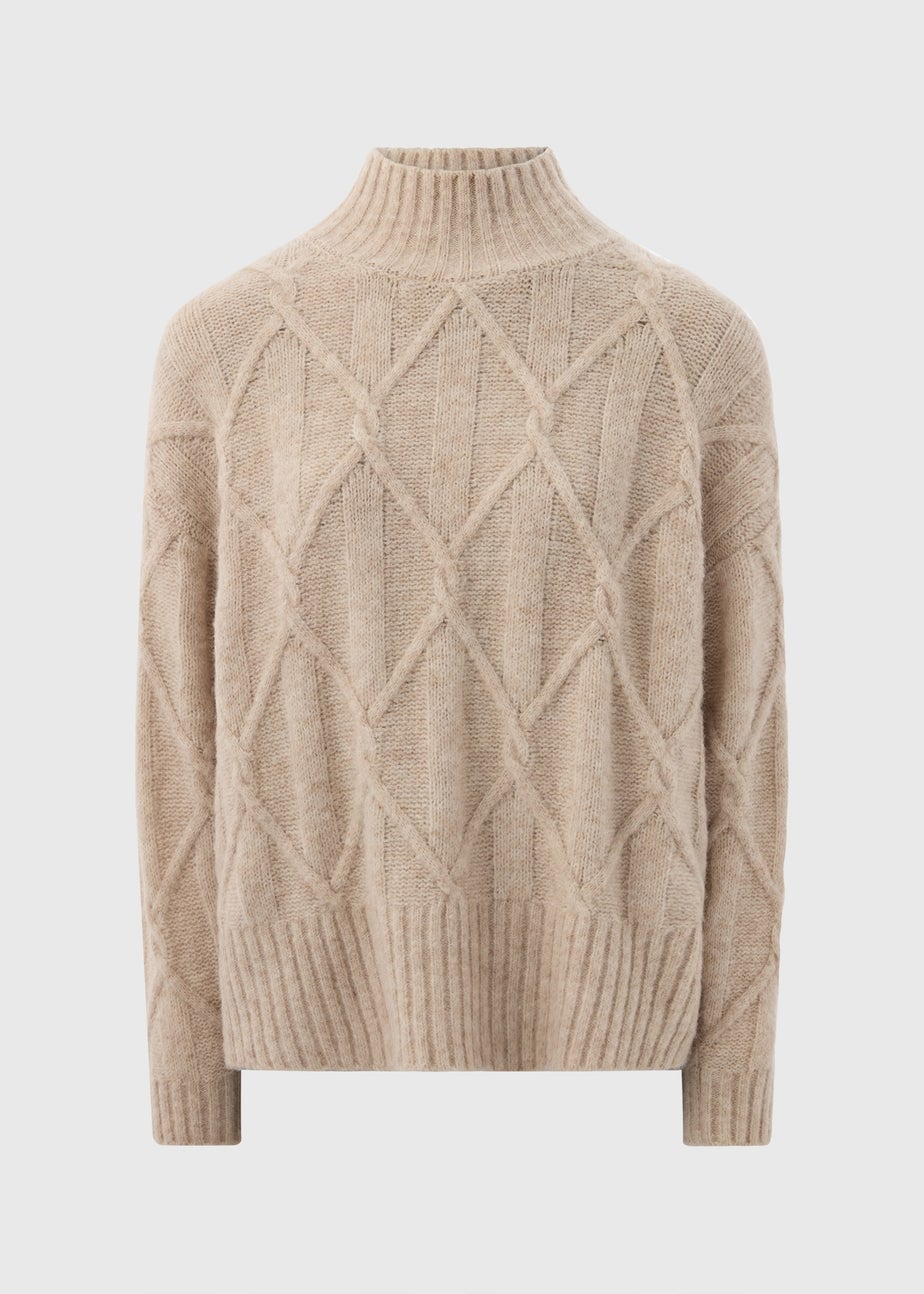 Beige Cable Knit High Neck Jumper