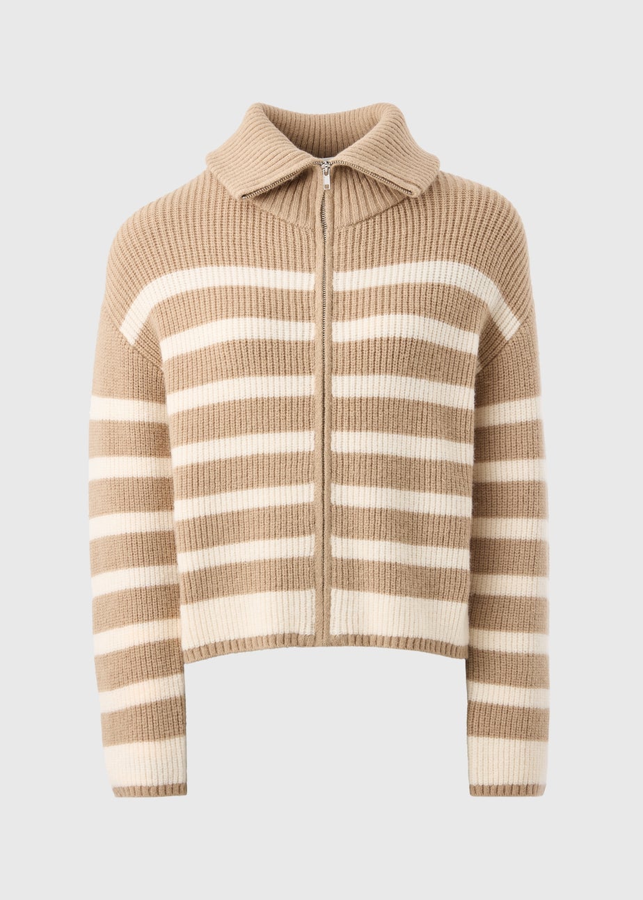 Beige Stripe Zip Knitted Cardigan