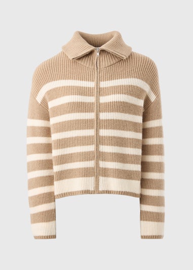 Beige Stripe Zip Knitted Cardigan