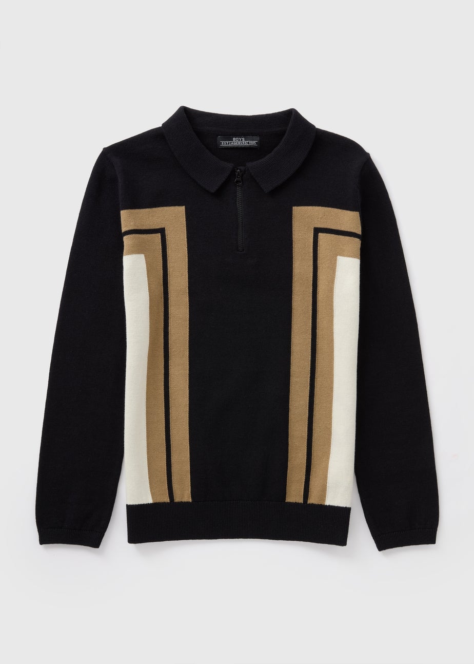 Boys Black Knitted Long Sleeved Polo (7-15yrs)