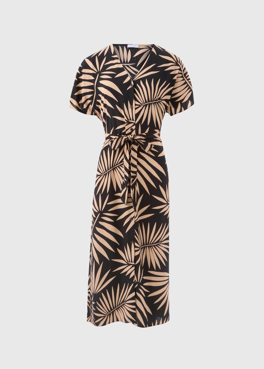 Black Leaf Print Shirt Dress