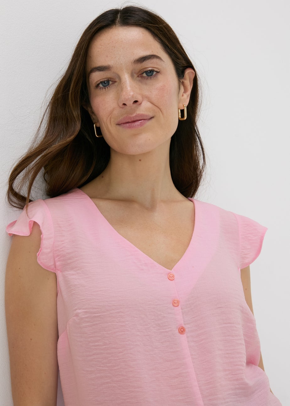 Pink Frill Sleeve Button Blouse