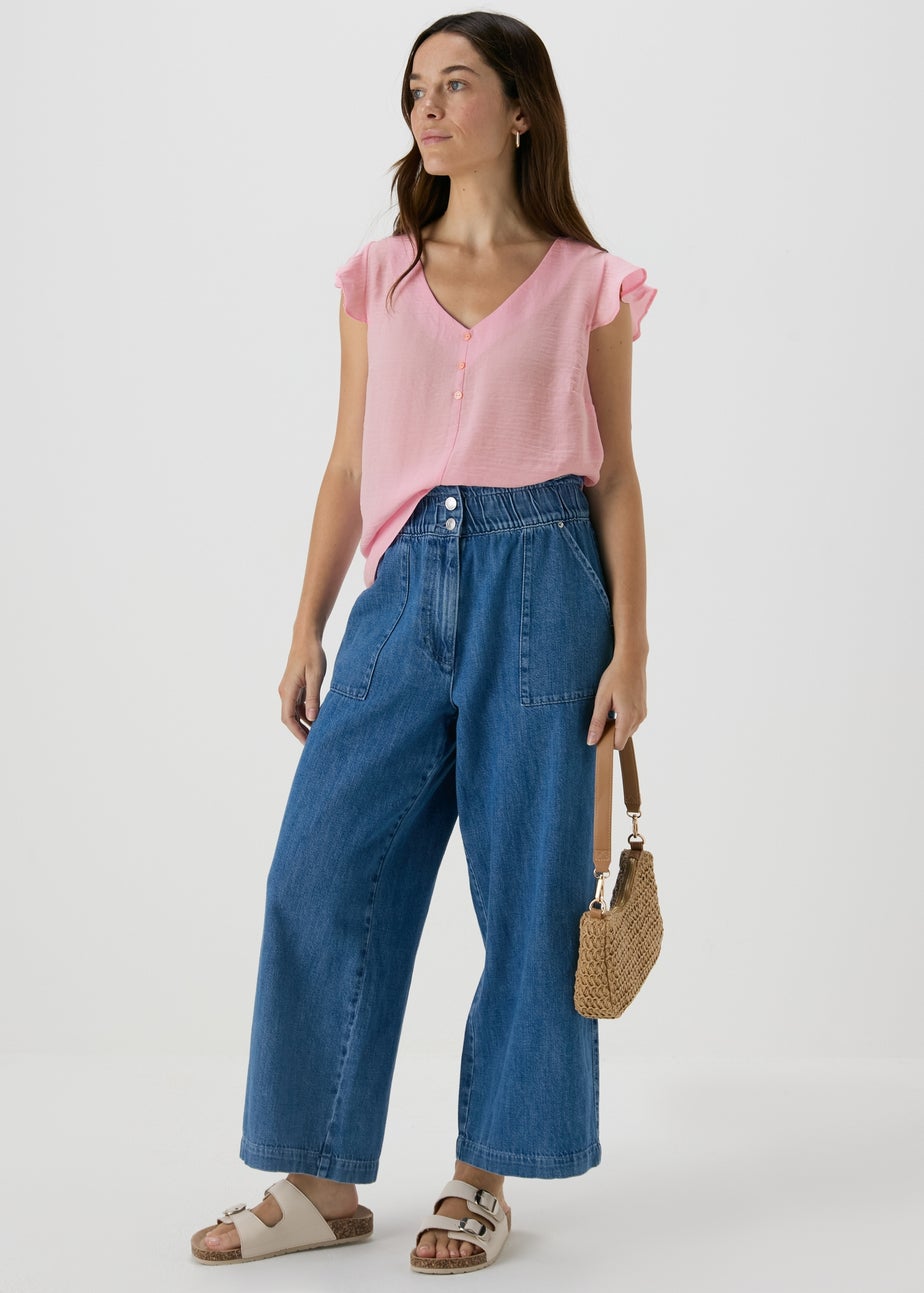 Pink Frill Sleeve Button Blouse