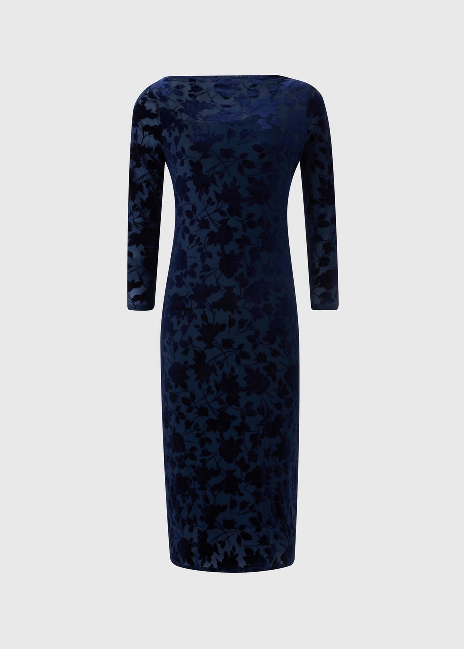 Navy Slash Neck Devore Midi Dress