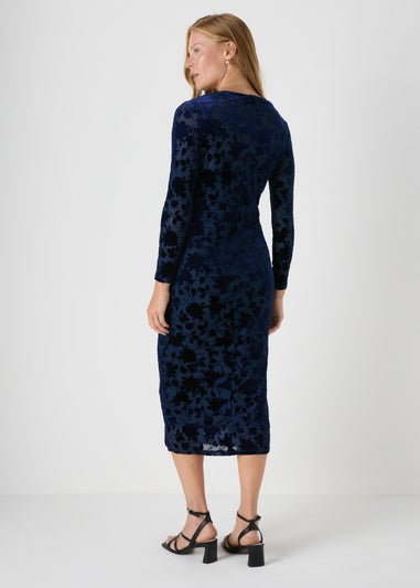Navy Slash Neck Devore Midi Dress