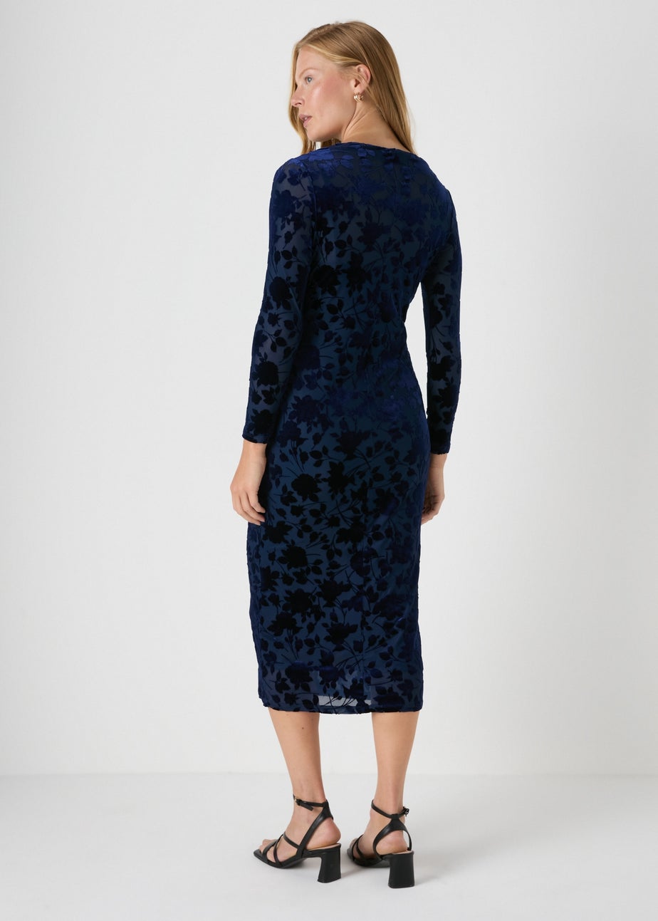 Navy Slash Neck Devore Midi Dress