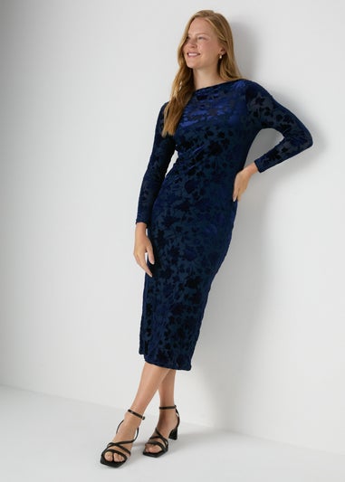 Navy Slash Neck Devore Midi Dress