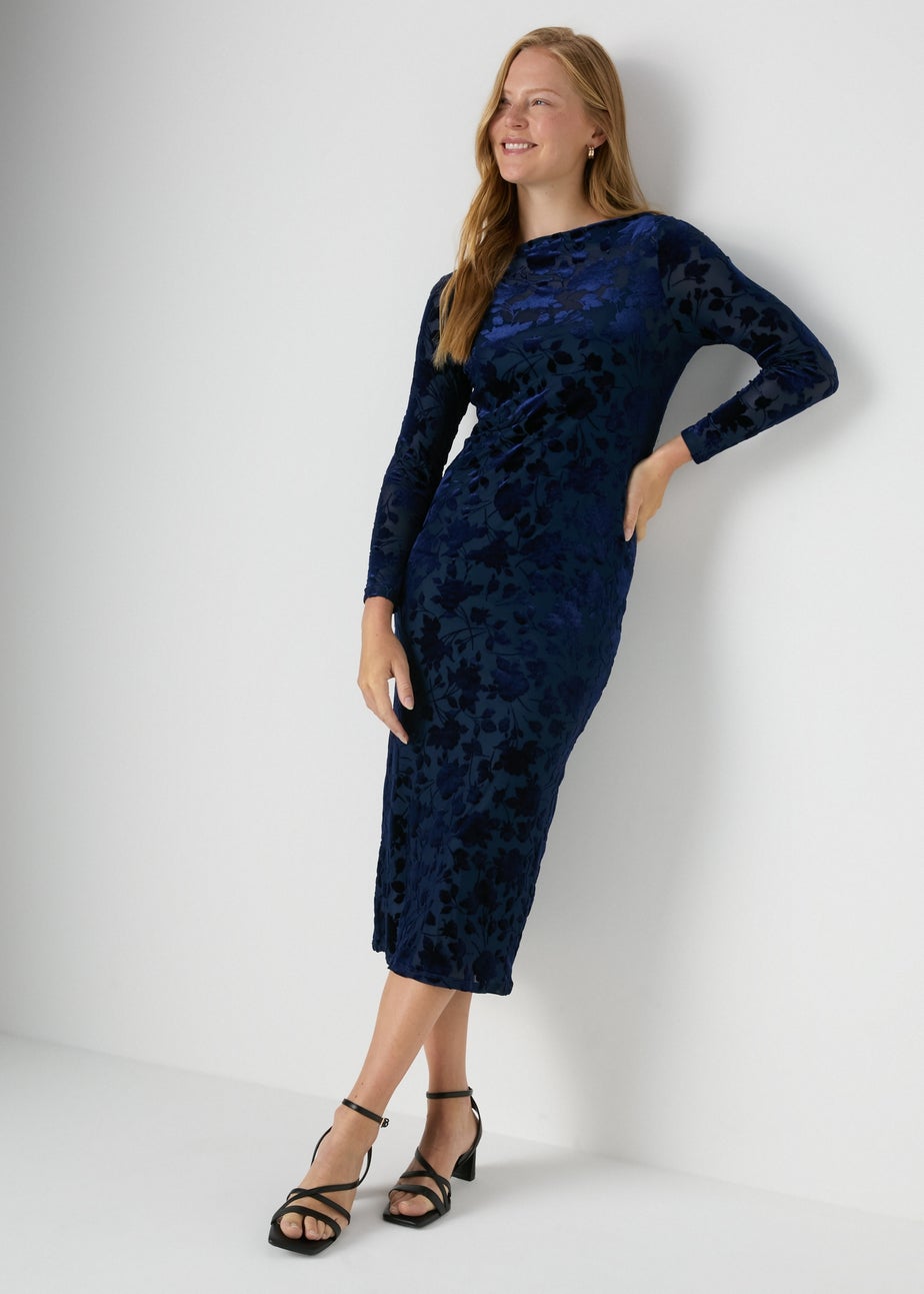 Navy Slash Neck Devore Midi Dress