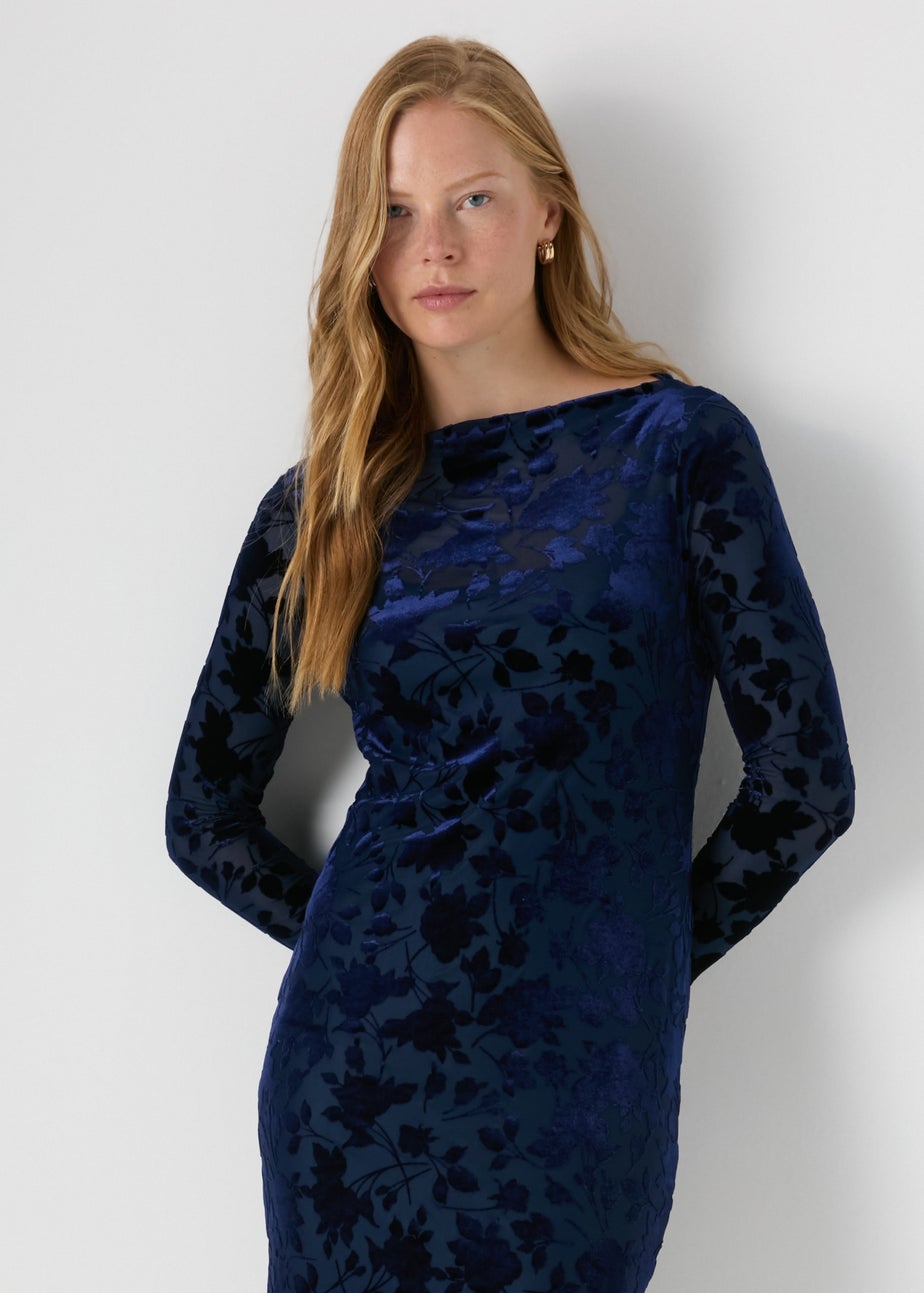 Navy Slash Neck Devore Midi Dress