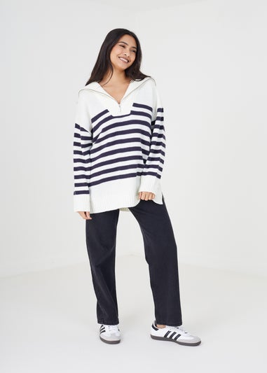 Brave Soul Ivory Striped Oversized 1/2 Zip Knitted Jumper
