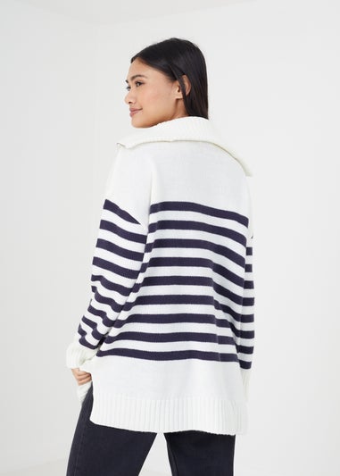 Brave Soul Ivory Striped Oversized 1/2 Zip Knitted Jumper